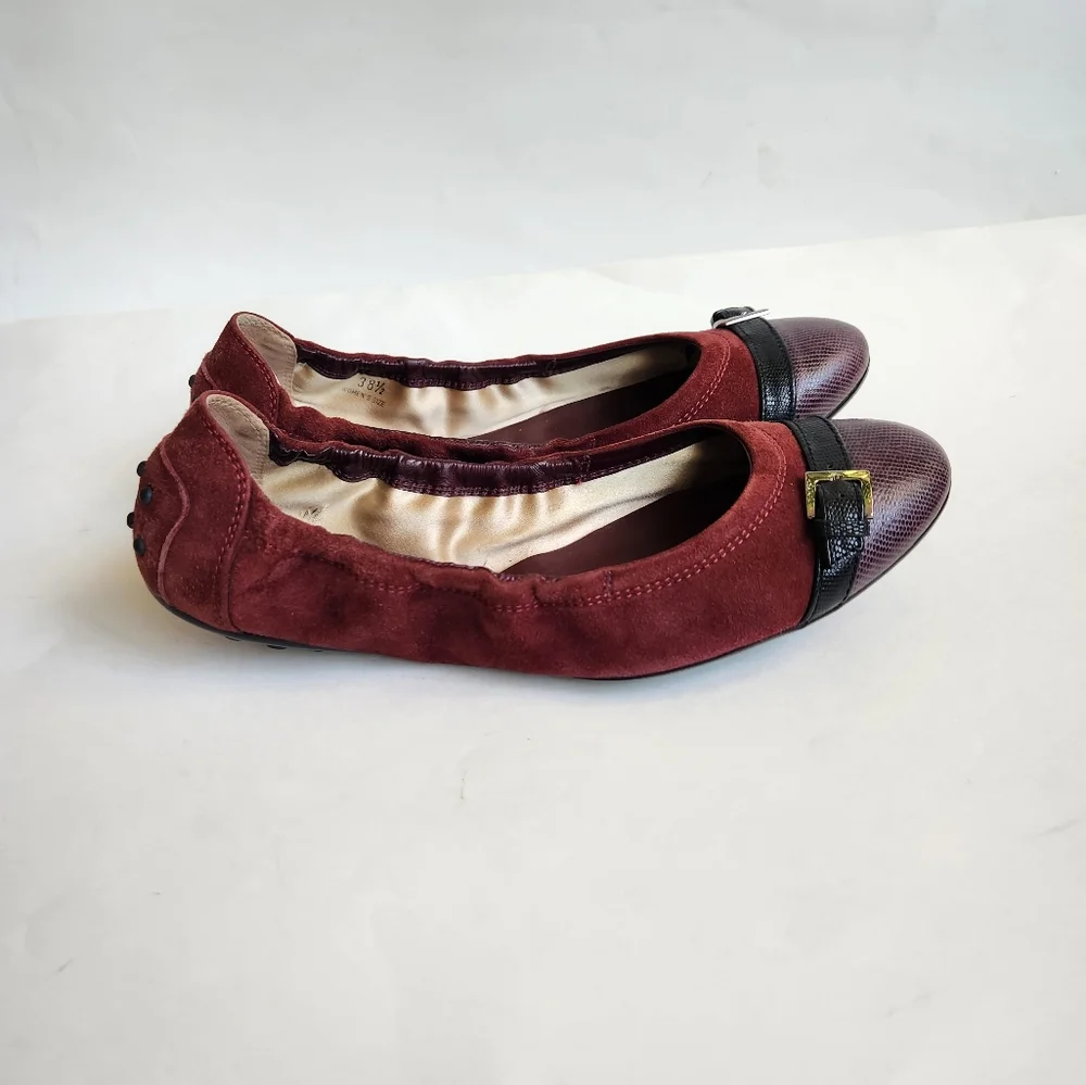 Tod's suede leather burgundy purple black flats women 38.5